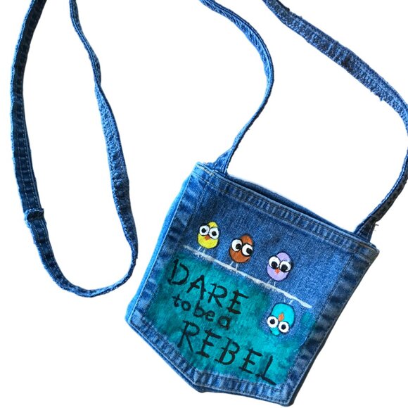 Crossbody Jean Purse: Handmade Over Shoulder Cell Phone Bag, Whimsical Birds - Picture 5 of 11